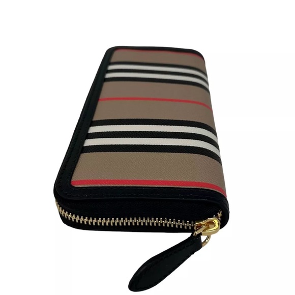 BURBERRY Ellerby Black Leather Icon Stripe Canvas Zip Around Continental Wallet - Picture 2 of 13